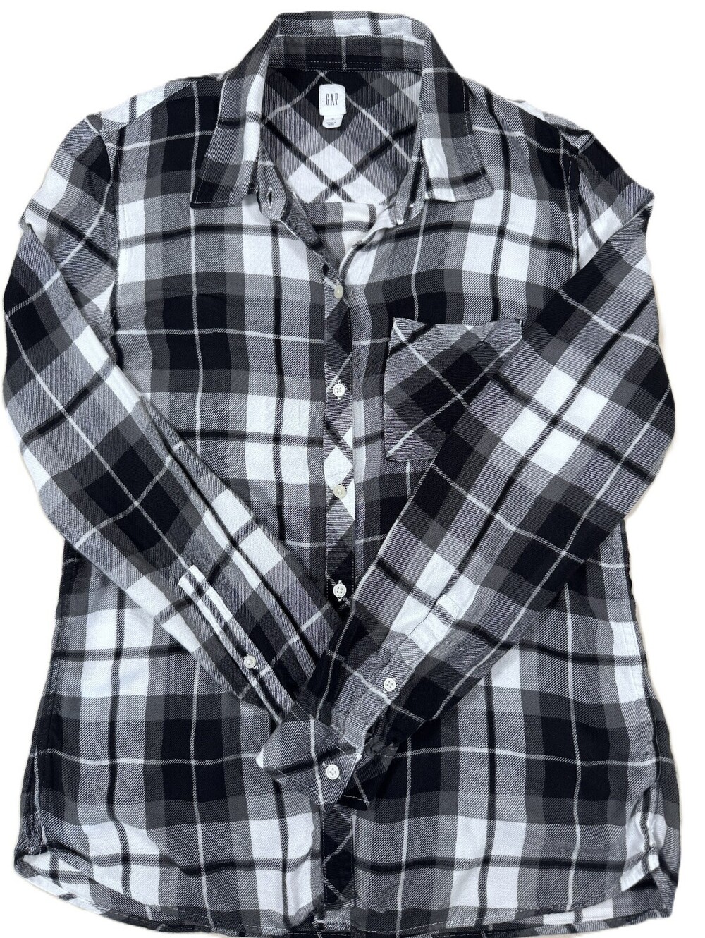 Gap Women's Long Sleeve Flannel Shirt Medium Black Gray Plaid Super Soft